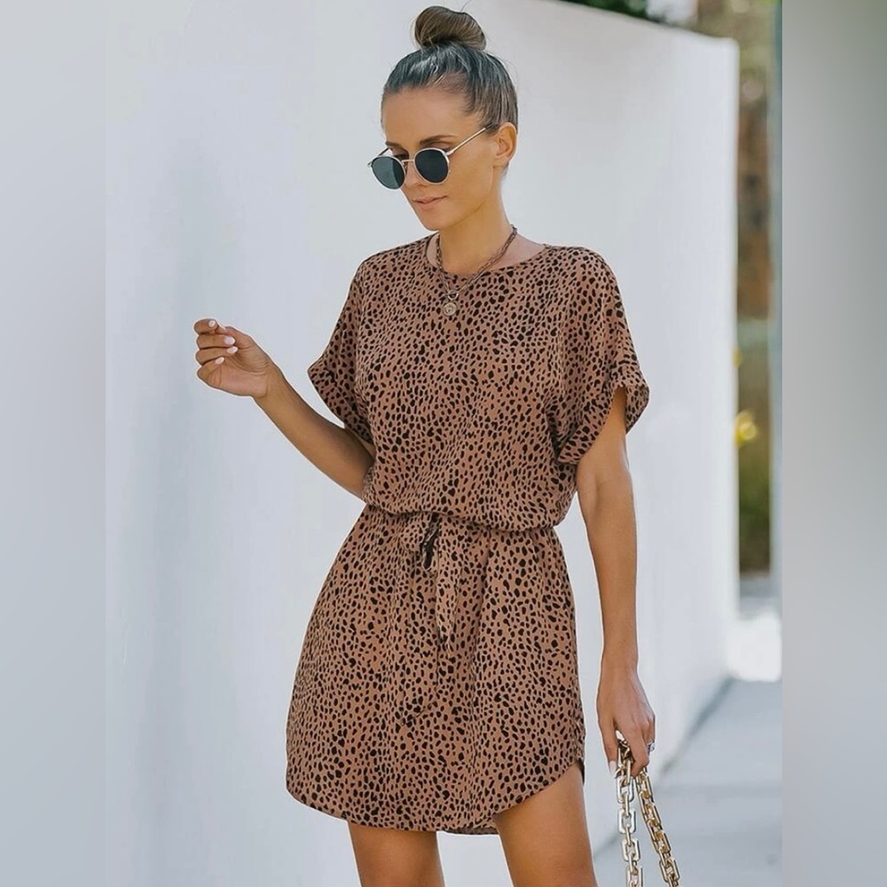 Random Dalmatian Print Batwing Sleeve Belted Dress
